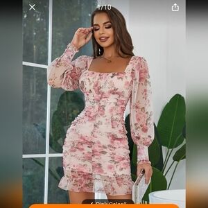 🥑Selkie Inspired Long Puff Sleeve Milk Maid Ruched Floral Chiffon Mini Dress